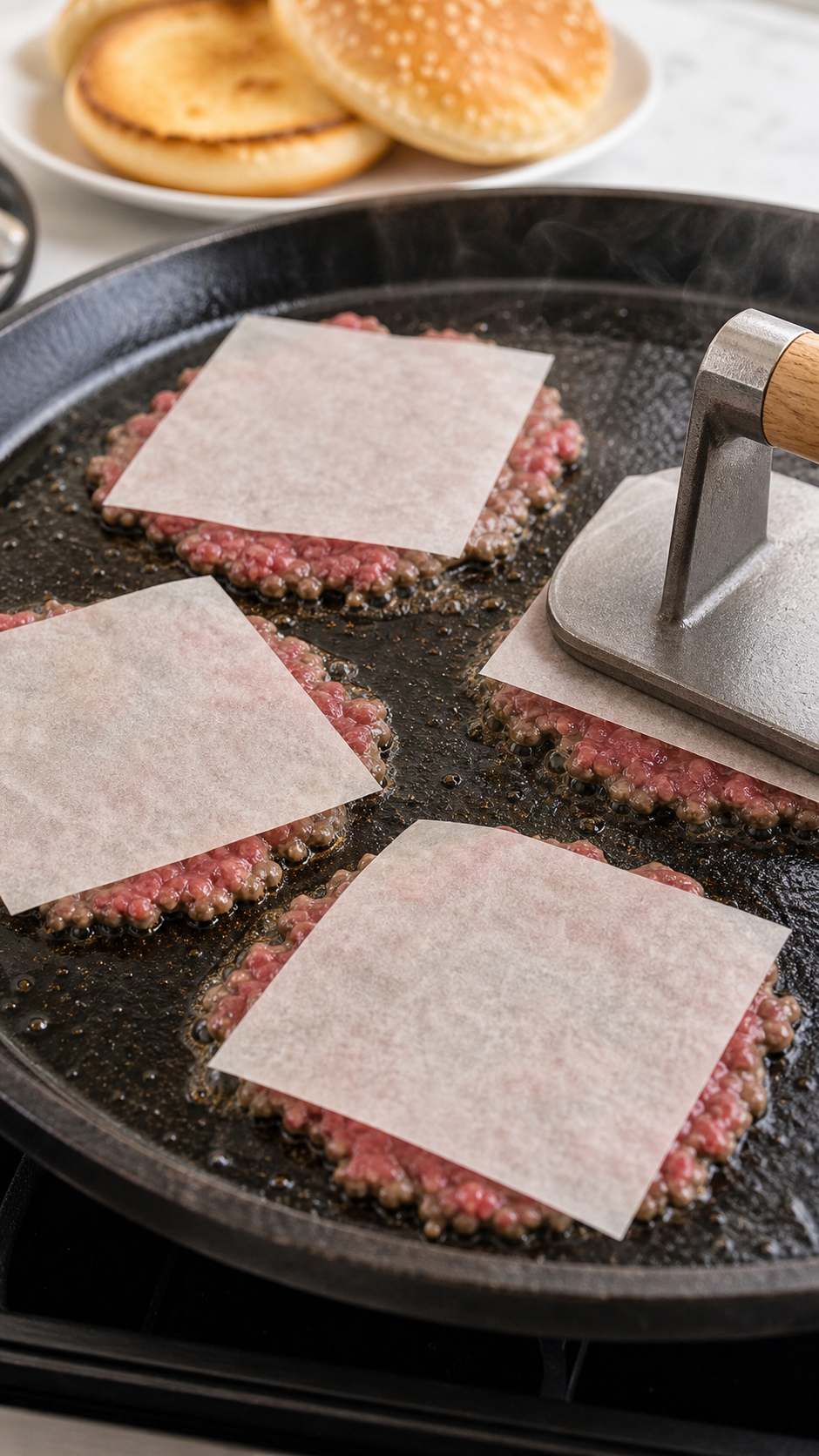 Crispy smash burger patties on a hot griddle topped with melted yellow cheddar cheese