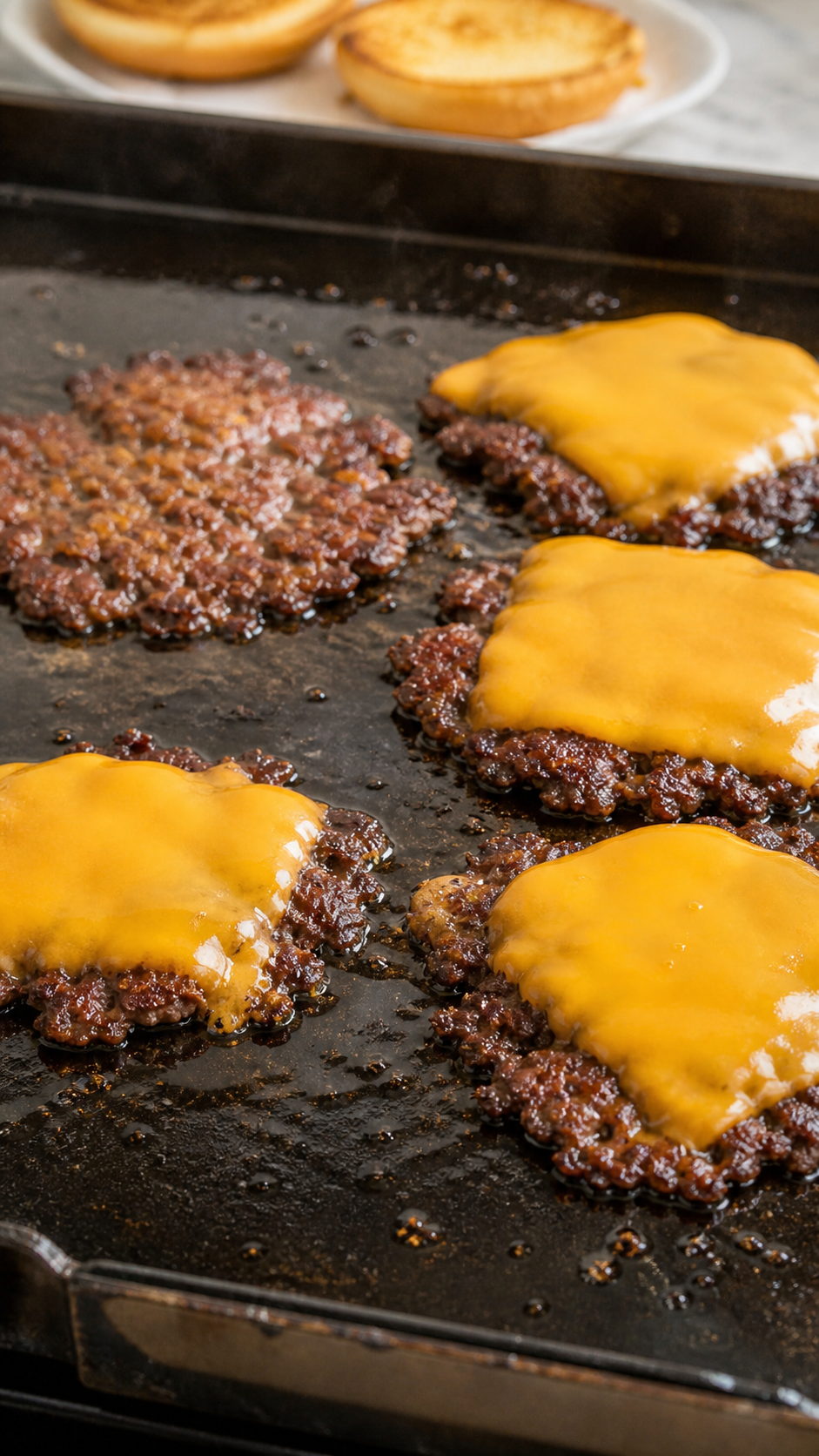 Assembling smash burgers with lettuce, tomato, onion, pickles, sauce, and crispy beef patties