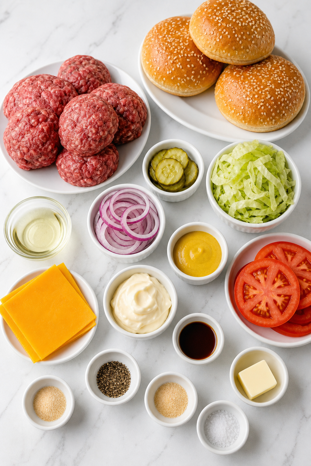 Ingredients and toppings for homemade smash burgers arranged before cooking