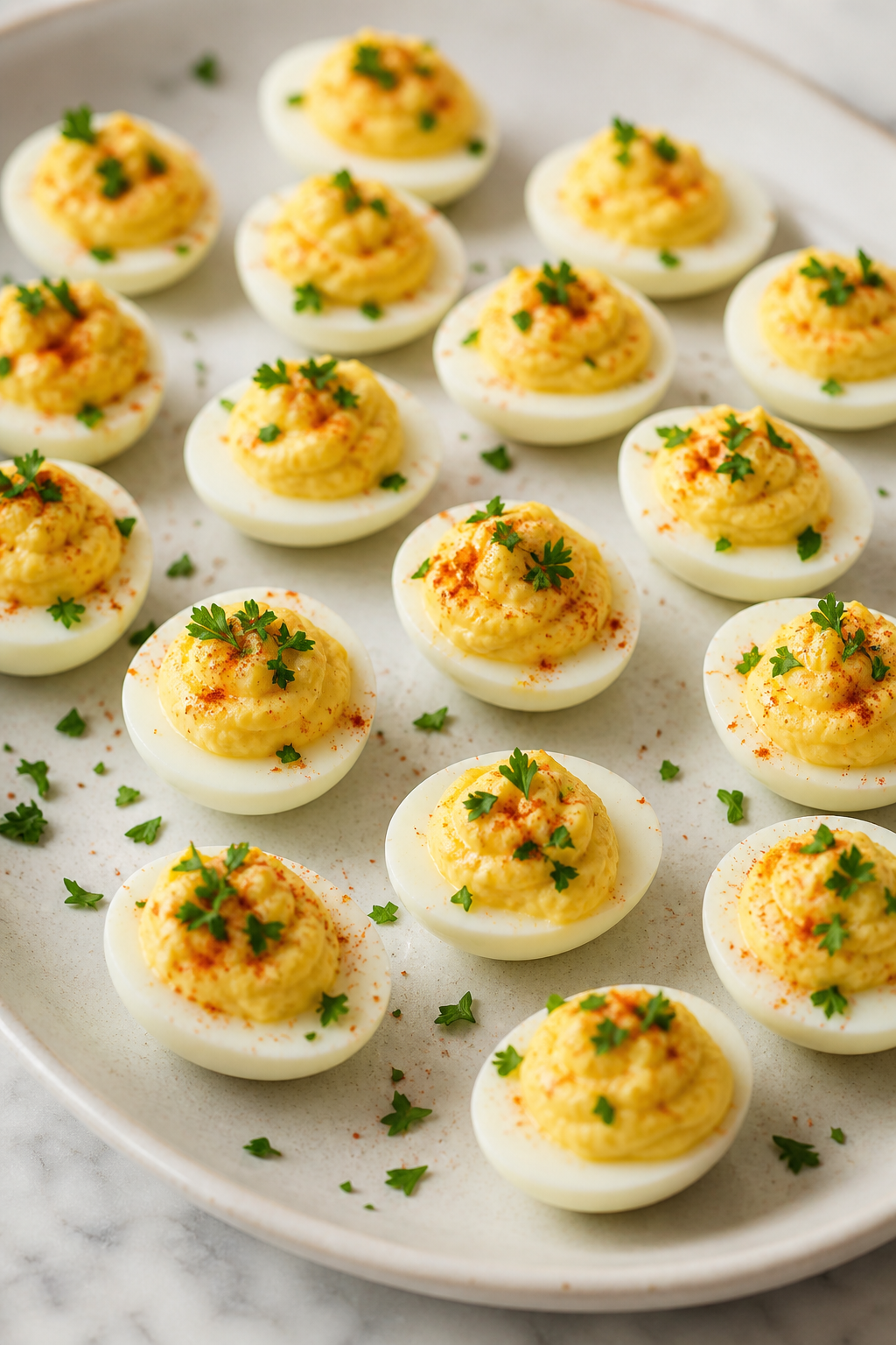 Finished deviled quail eggs garnished with paprika and chopped parsley