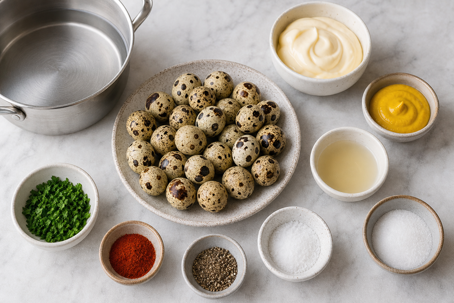 Ingredients for deviled quail eggs including quail eggs, mayonnaise, mustard, vinegar, paprika, and parsley