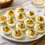 Bite-size deviled quail eggs served as a brunch appetizer