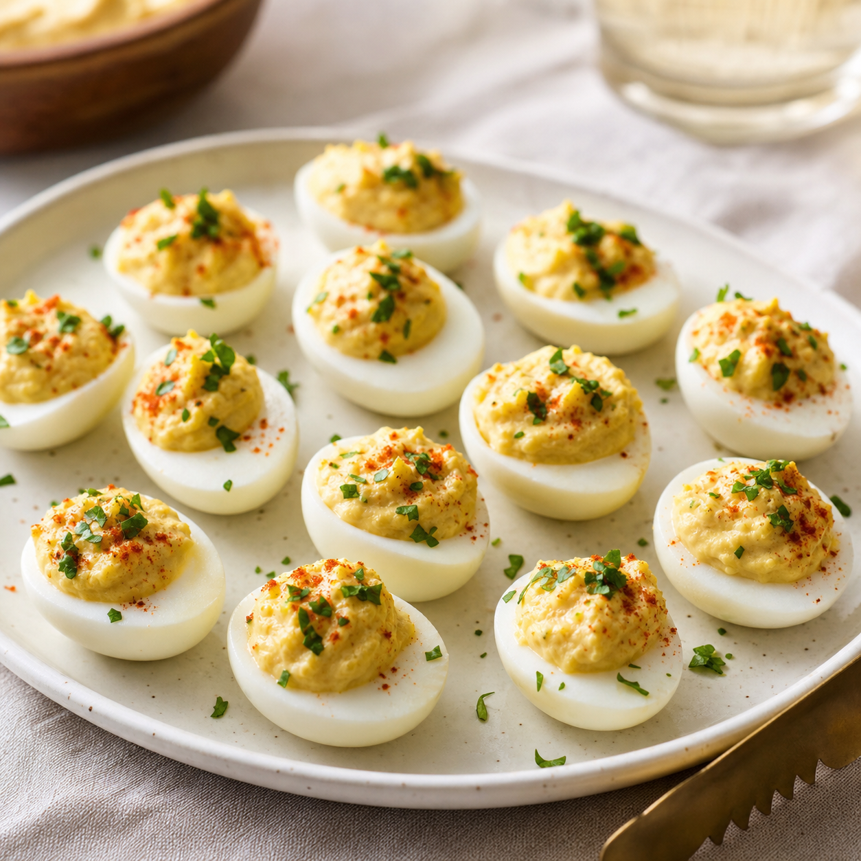 Bite-size deviled quail eggs served as a brunch appetizer