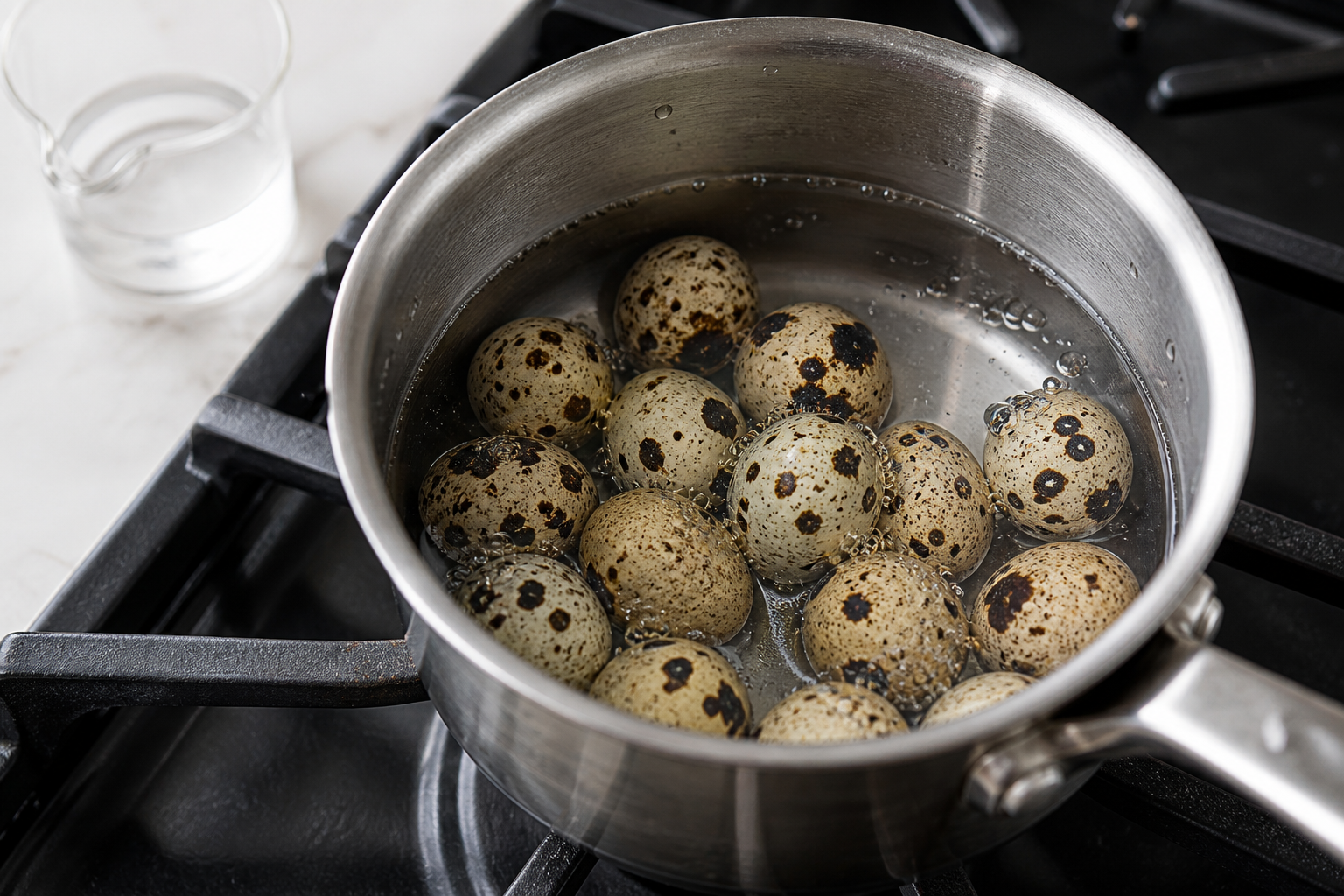Quail eggs boiling in water with vinegar for deviled quail eggs