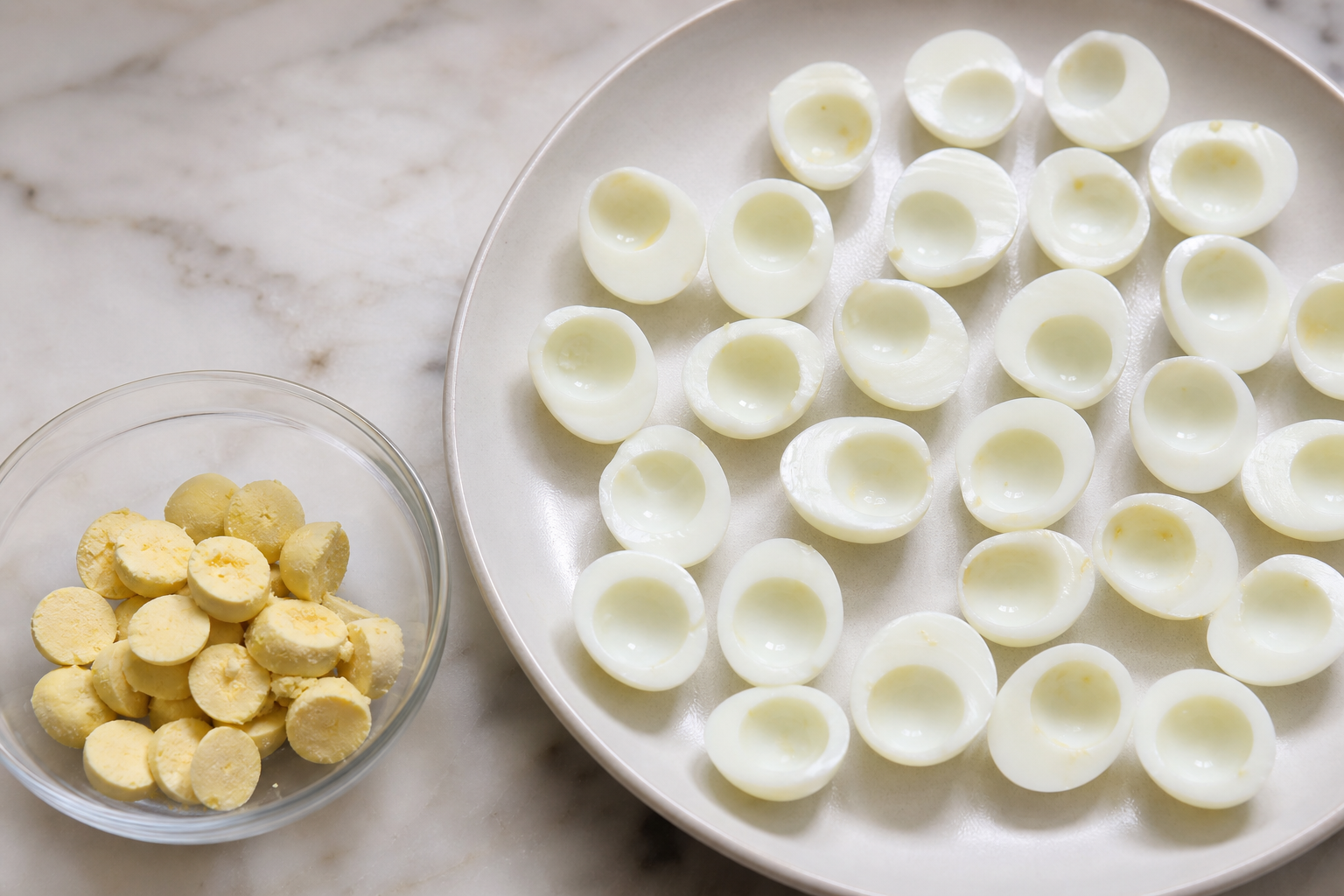 Halved quail eggs with yolks ready for deviled egg filling