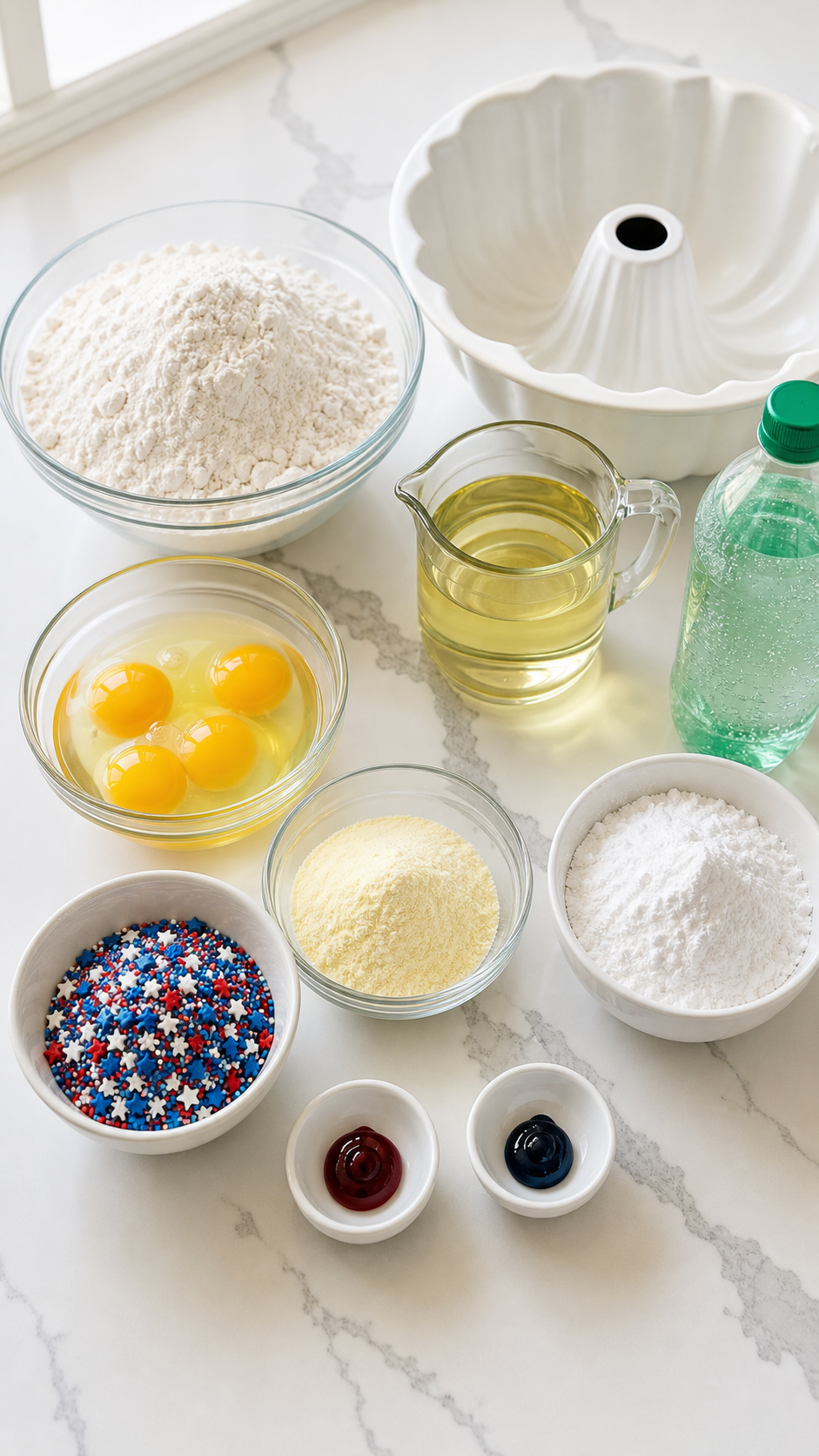 Ingredients for Easy Firecracker Cake including vanilla cake mix, instant pudding mix, eggs, oil, lemon-lime soda, food coloring, powdered sugar, and patriotic sprinkles.