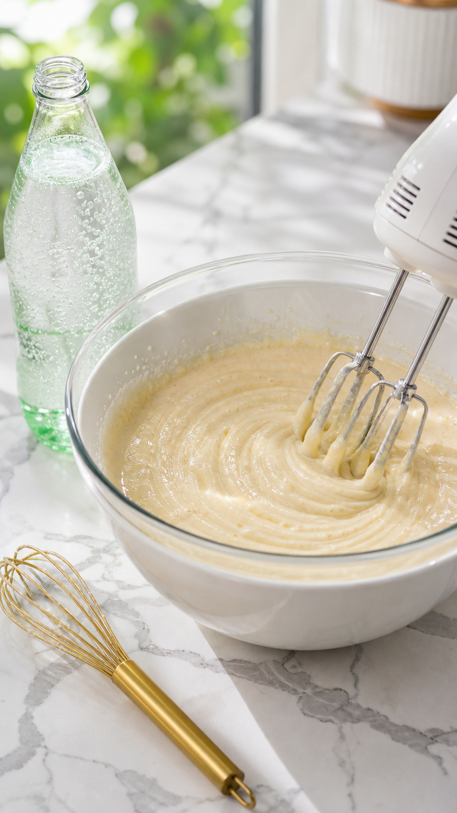 Vanilla cake batter being mixed with lemon-lime soda for Easy Firecracker Cake.