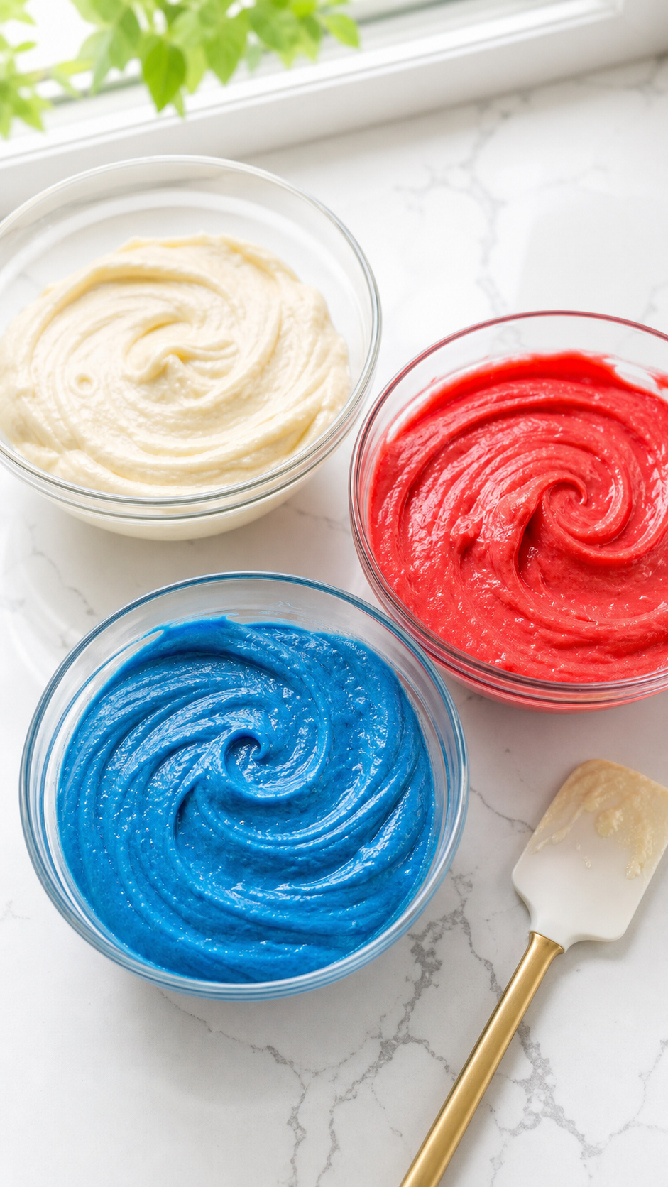 Three bowls of Firecracker Cake batter tinted plain, red, and blue.