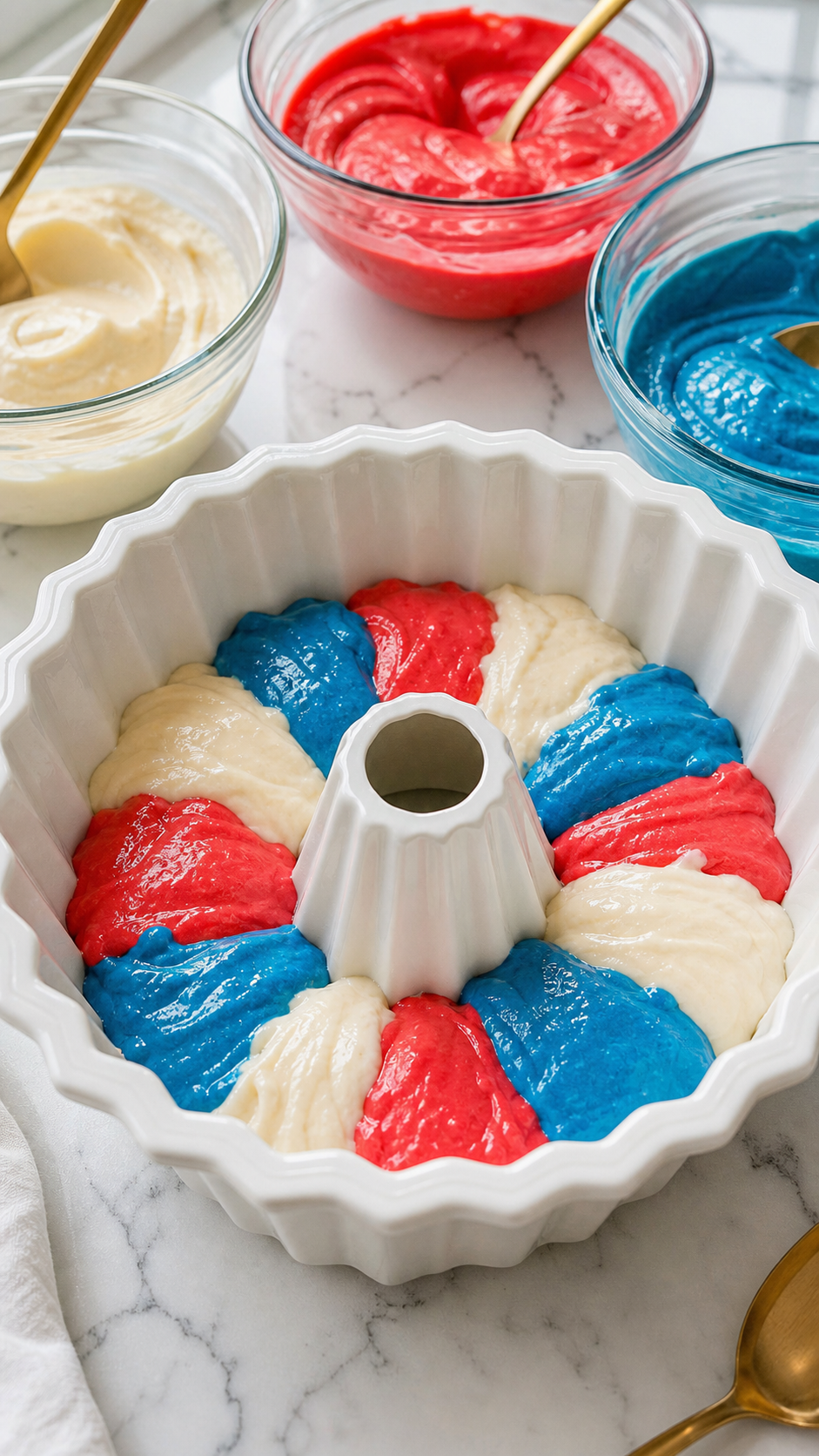 Red, white, and blue Firecracker Cake batter spooned into a prepared Bundt pan.