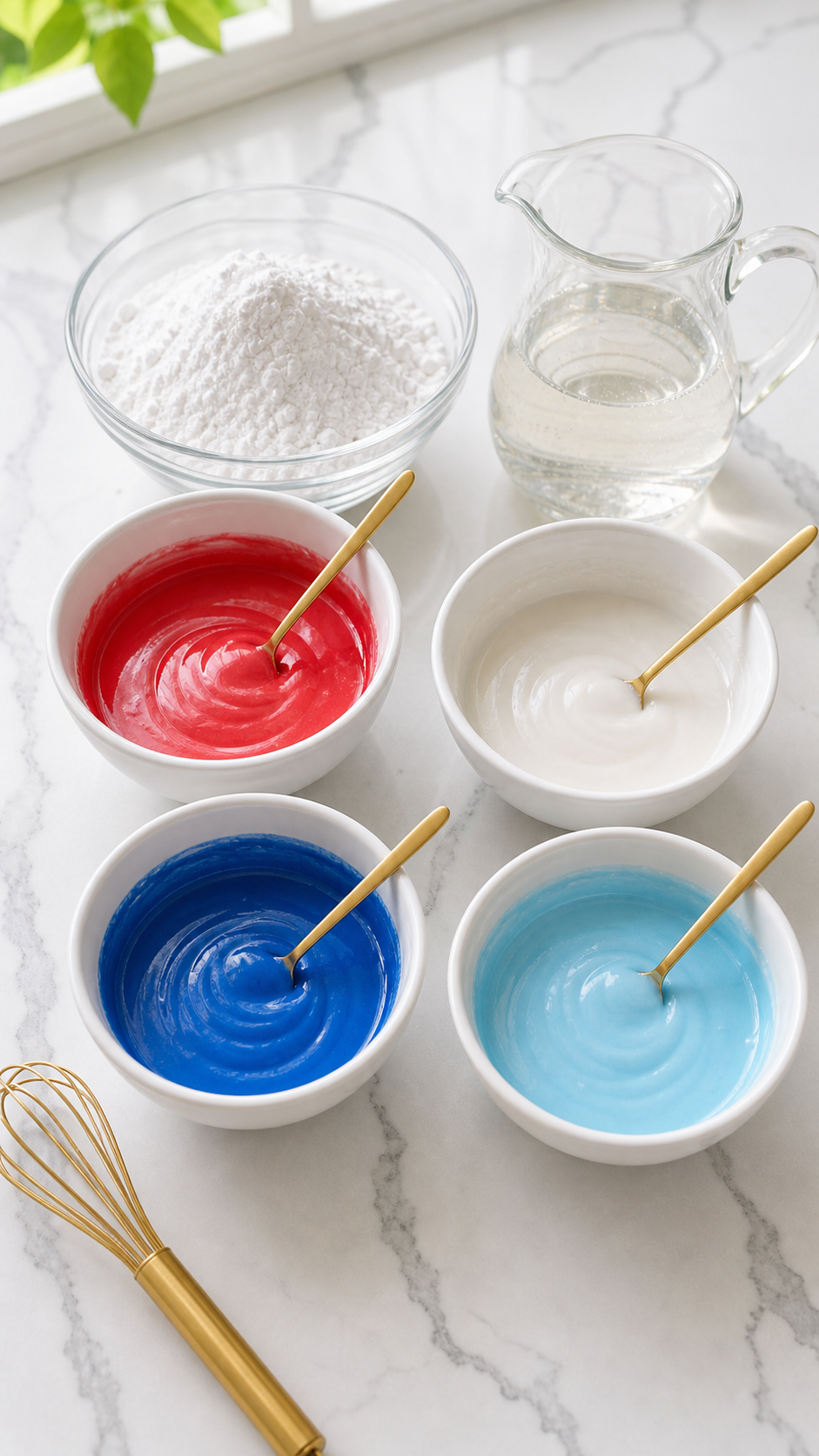 Four small bowls of Firecracker Cake soda glaze tinted red, royal blue, light blue, and white.