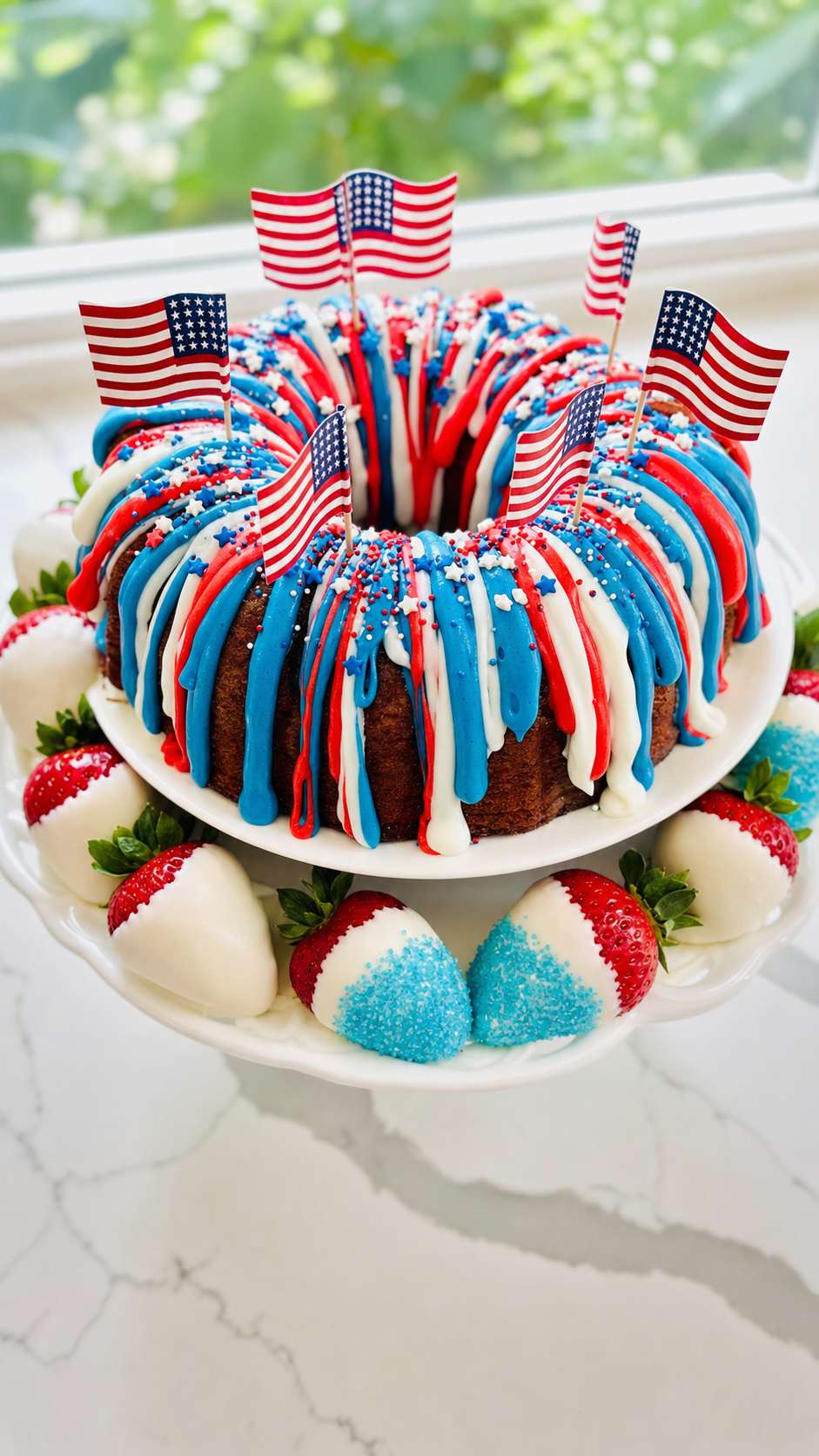 Finished Easy Firecracker Cake with red, white, and blue glaze, patriotic sprinkles, and small American flags.