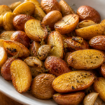 Finished roasted fingerling potatoes with golden cut sides and tender centers