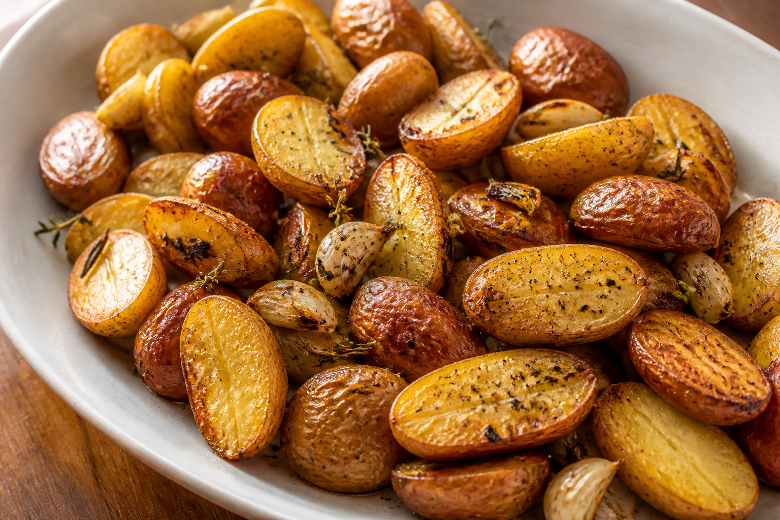 Finished roasted fingerling potatoes with golden cut sides and tender centers