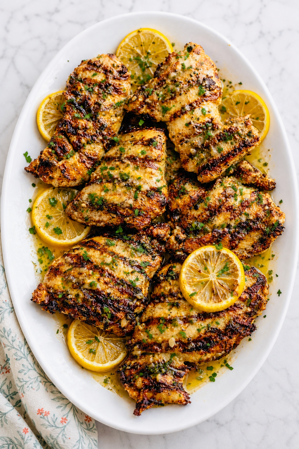 Finished grilled lemon chicken breasts served with lemon slices and parsley