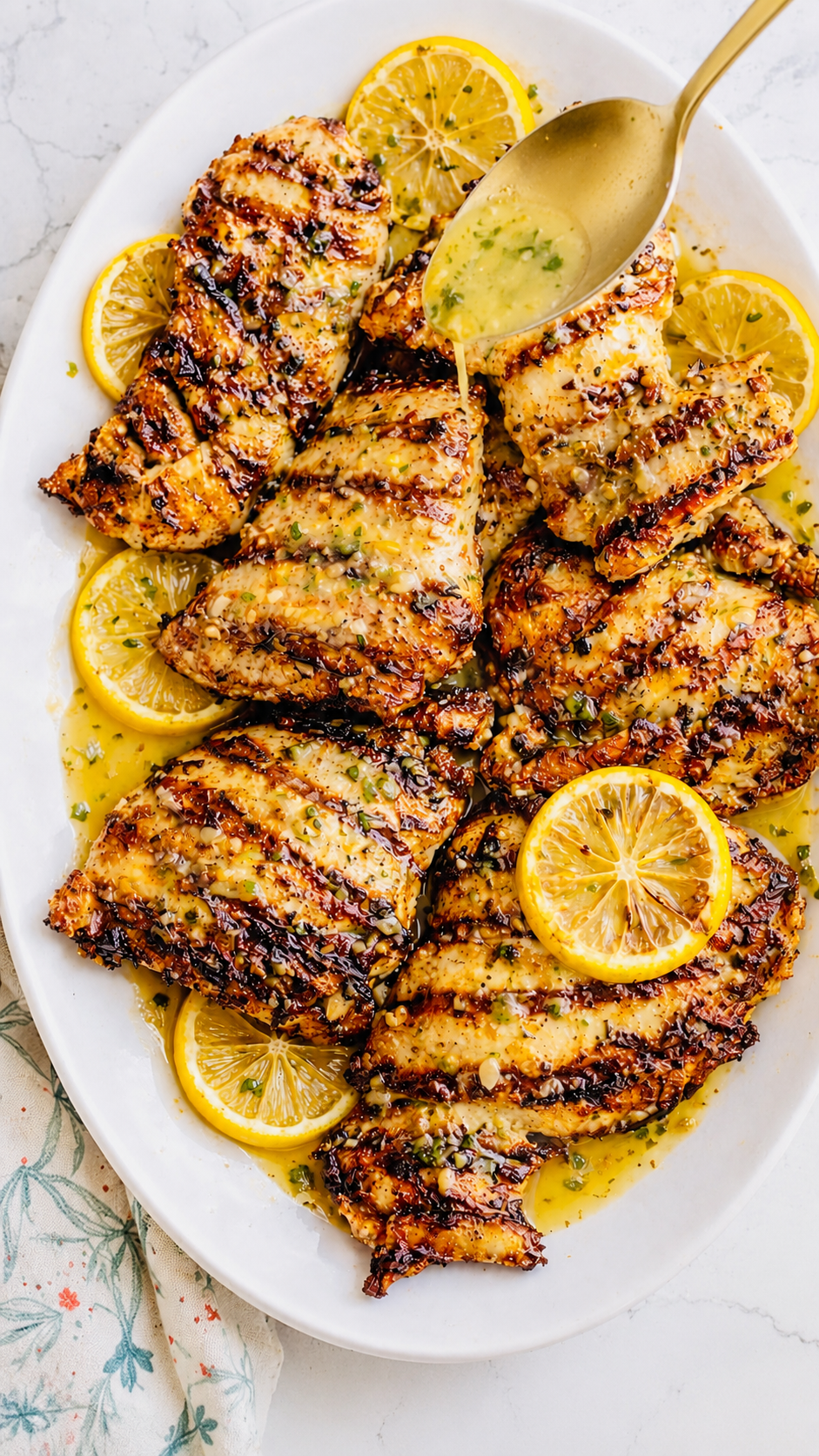Lemon garlic sauce being spooned over grilled chicken breasts with lemon slices on a platter