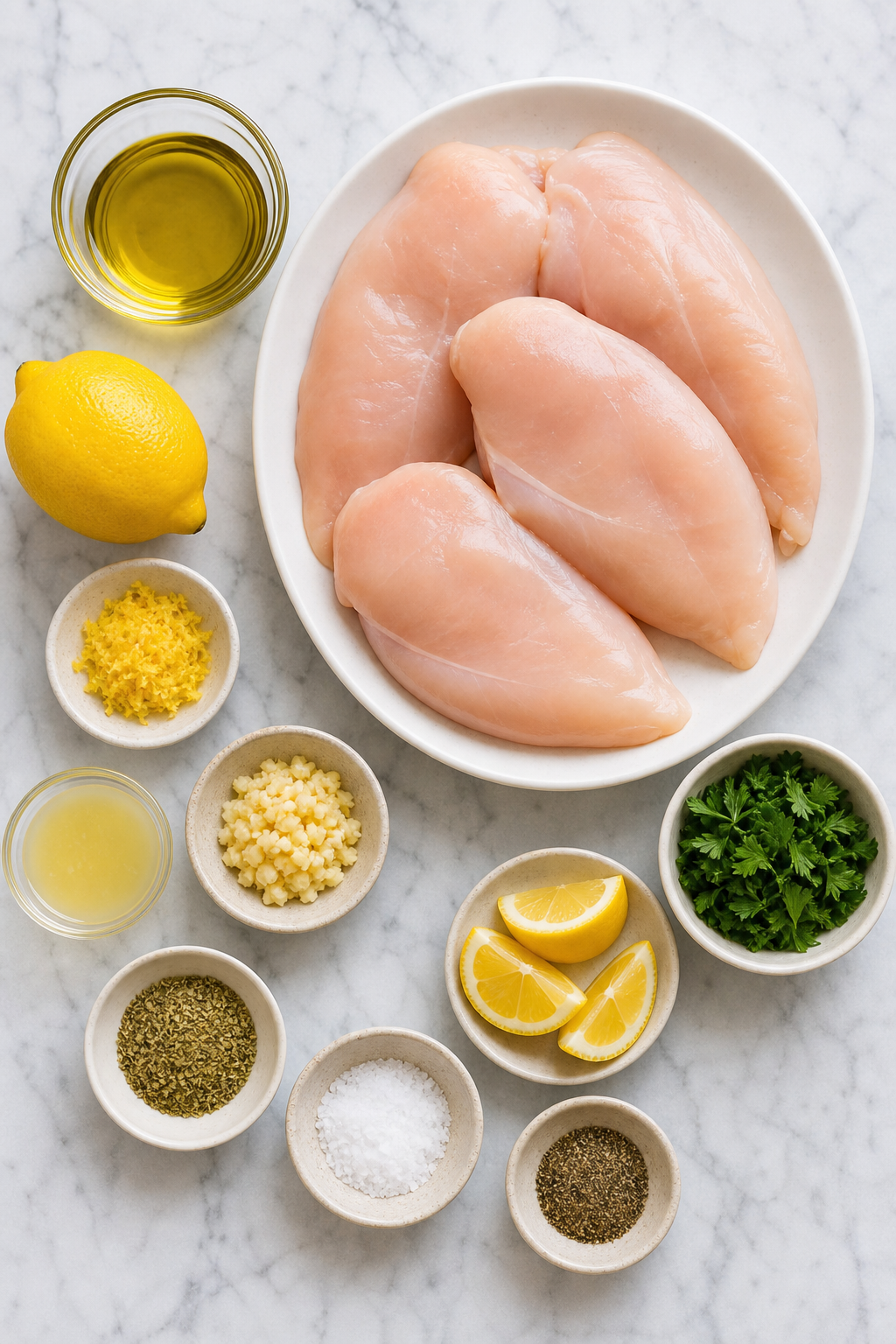 Ingredients for grilled lemon chicken breasts including chicken, lemon, olive oil, garlic, oregano, salt, pepper, and parsley