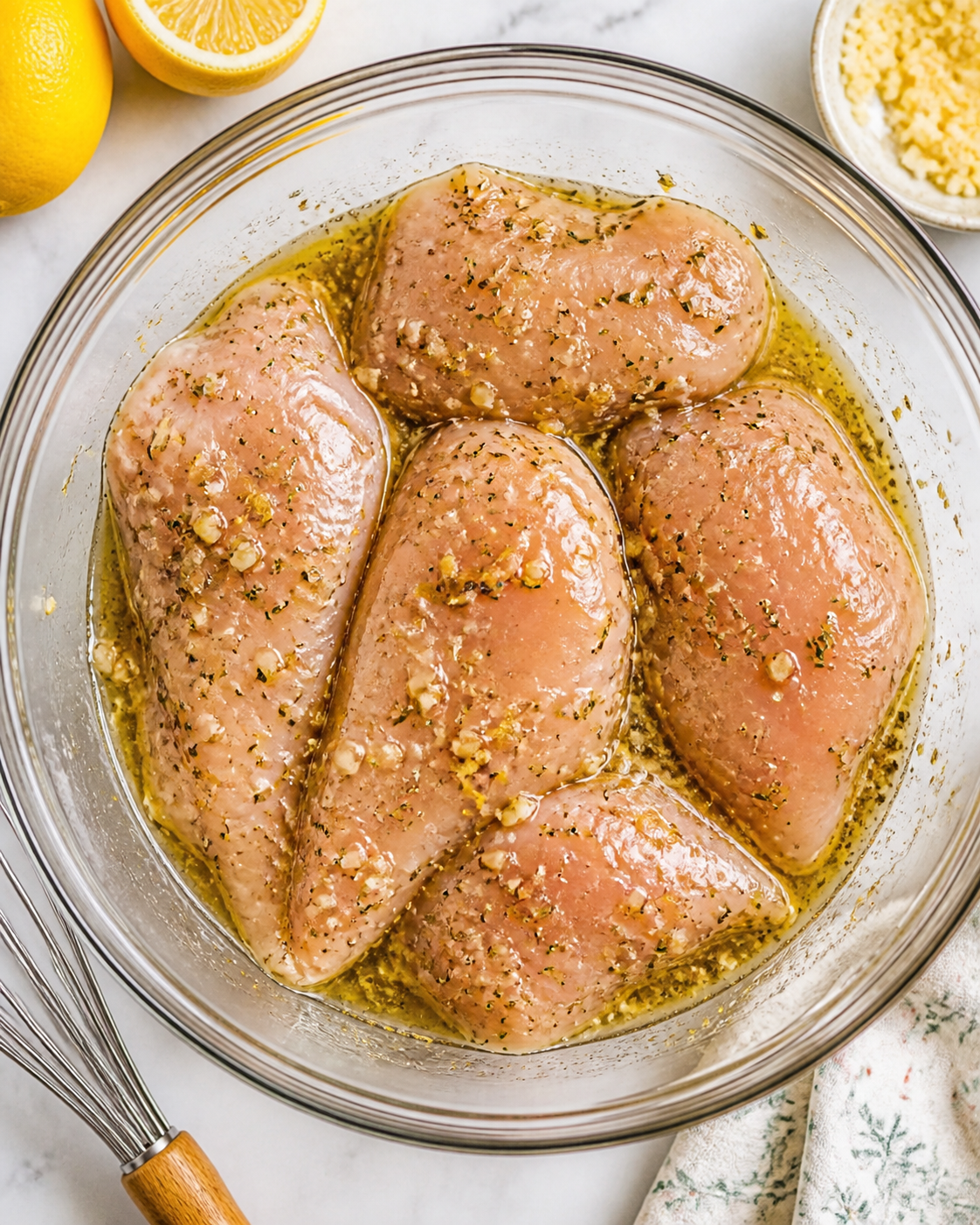Raw chicken breasts coated in lemon garlic oregano marinade in a glass bowl
