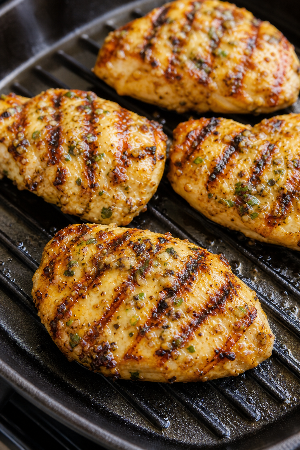 Lemon garlic chicken breasts cooking on a grill pan with golden grill marks