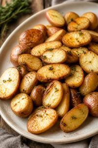 Golden roasted fingerling potatoes with crisp browned edges on a serving platter