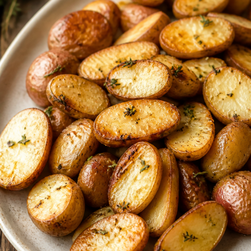 Golden roasted fingerling potatoes with crisp browned edges on a serving platter