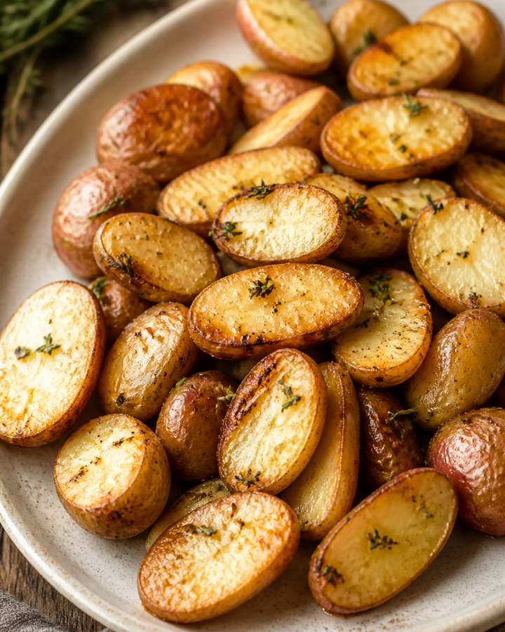 Golden roasted fingerling potatoes with crisp browned edges on a serving platter
