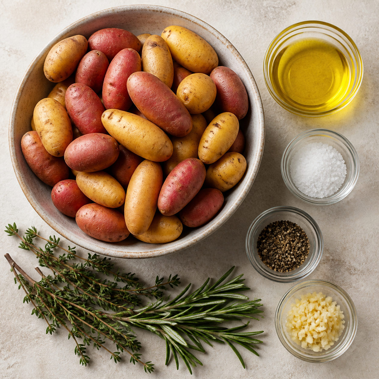 Ingredients for roasted potatoes including fingerling potatoes, olive oil, salt, pepper, garlic, thyme, and rosemary