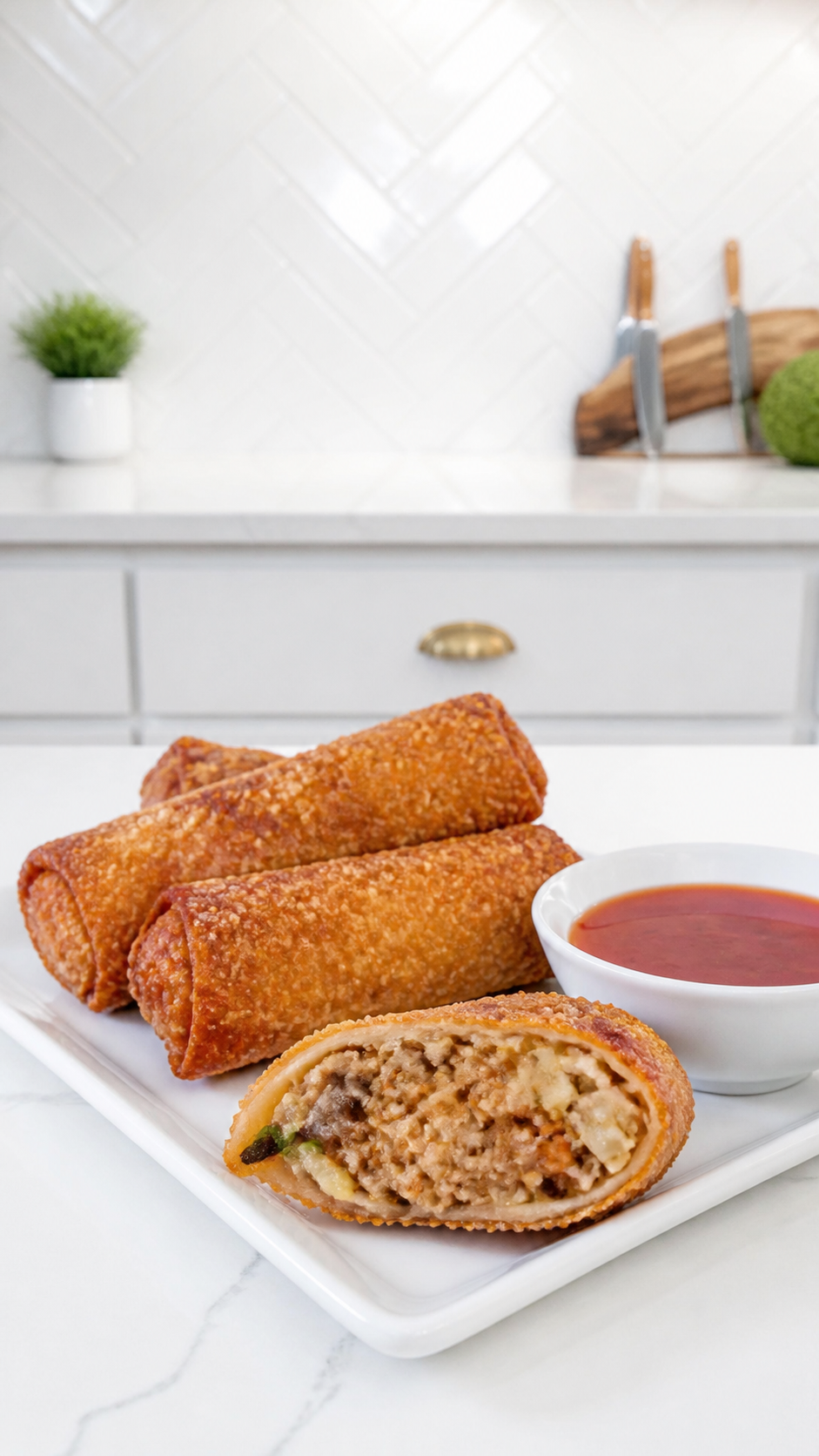 Chinese pork egg rolls cut in half
