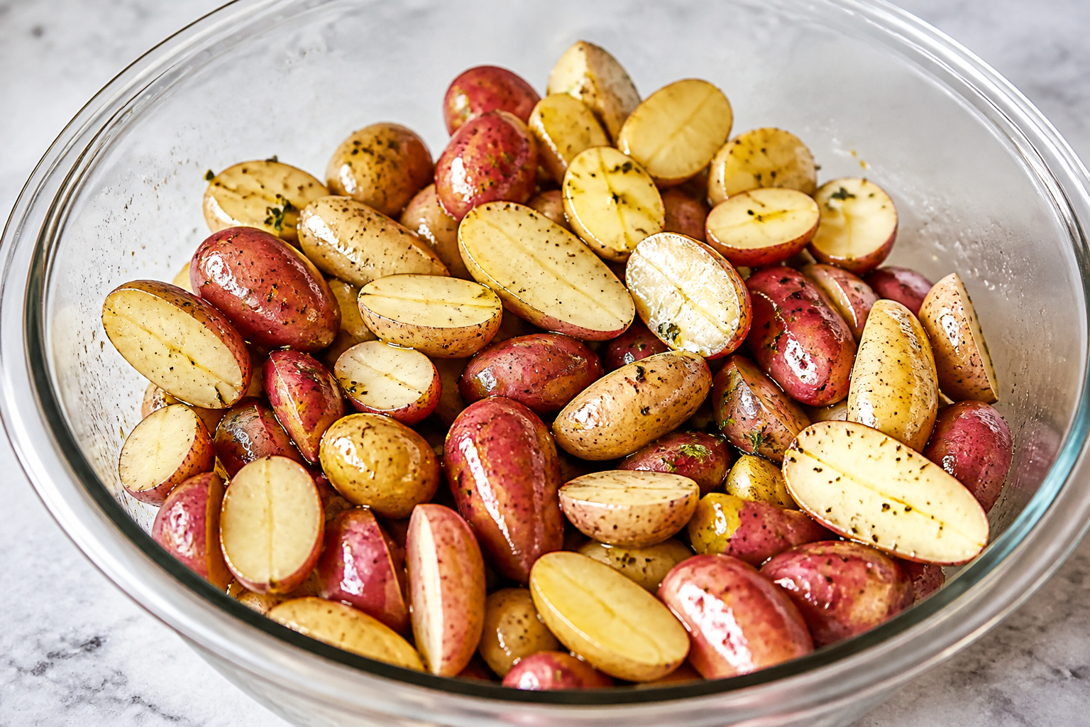 Fingerling potatoes tossed with olive oil, kosher salt, and black pepper in a glass bowl