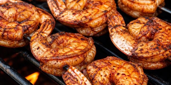 BBQ grilled shrimp skewers cooking on an outdoor grill until opaque pink and lightly charred.