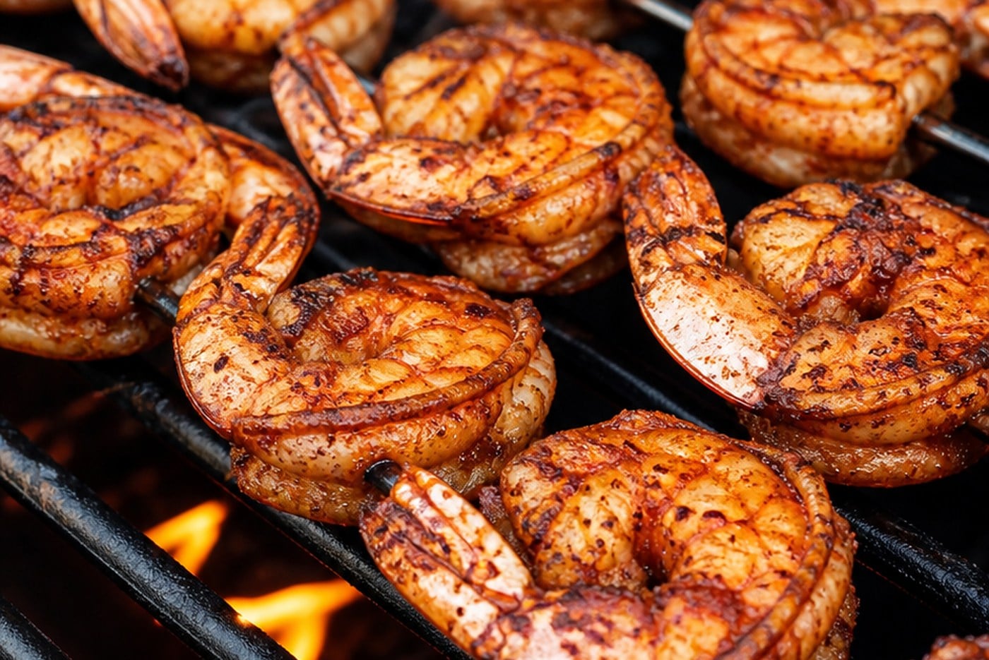 BBQ grilled shrimp skewers cooking on an outdoor grill until opaque pink and lightly charred.