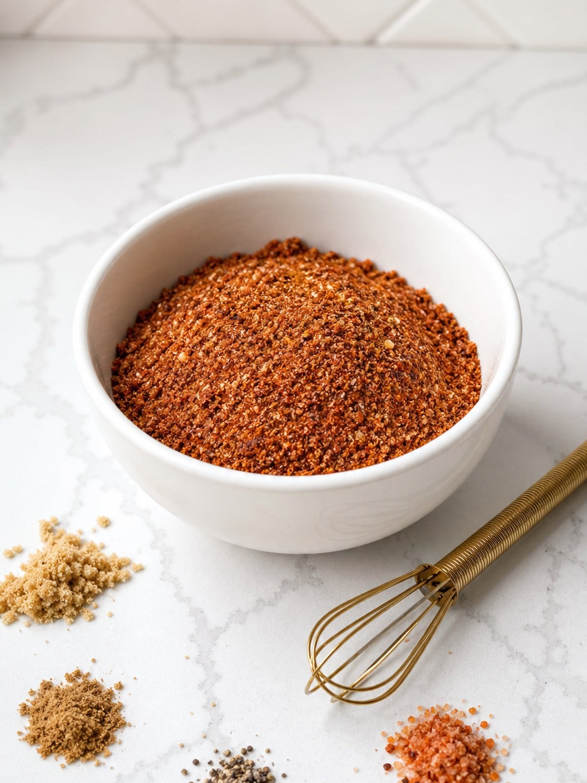 Chipotle brown sugar spice rub for BBQ grilled shrimp skewers in a white bowl.