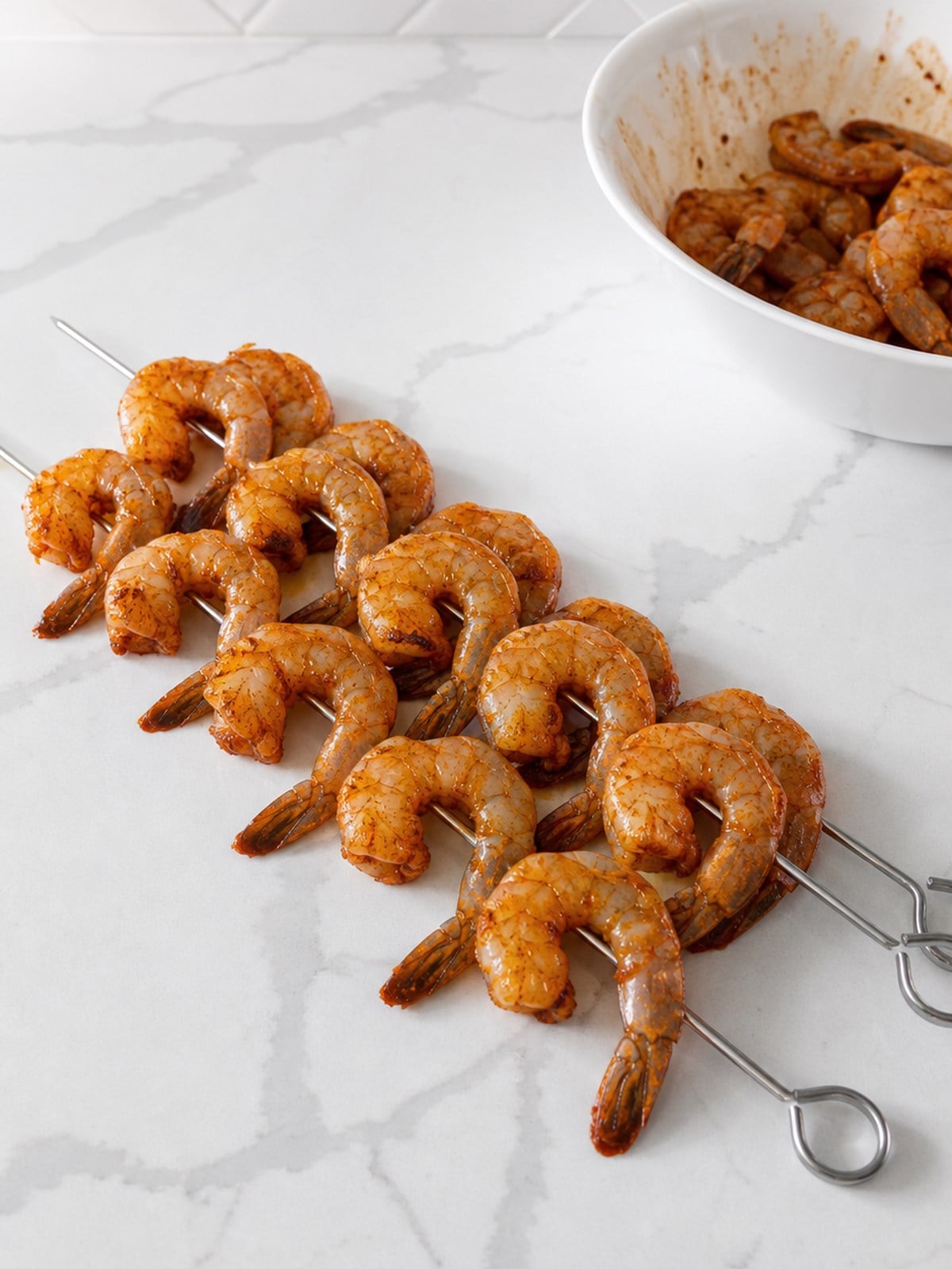 Seasoned raw shrimp threaded onto metal skewers before grilling.