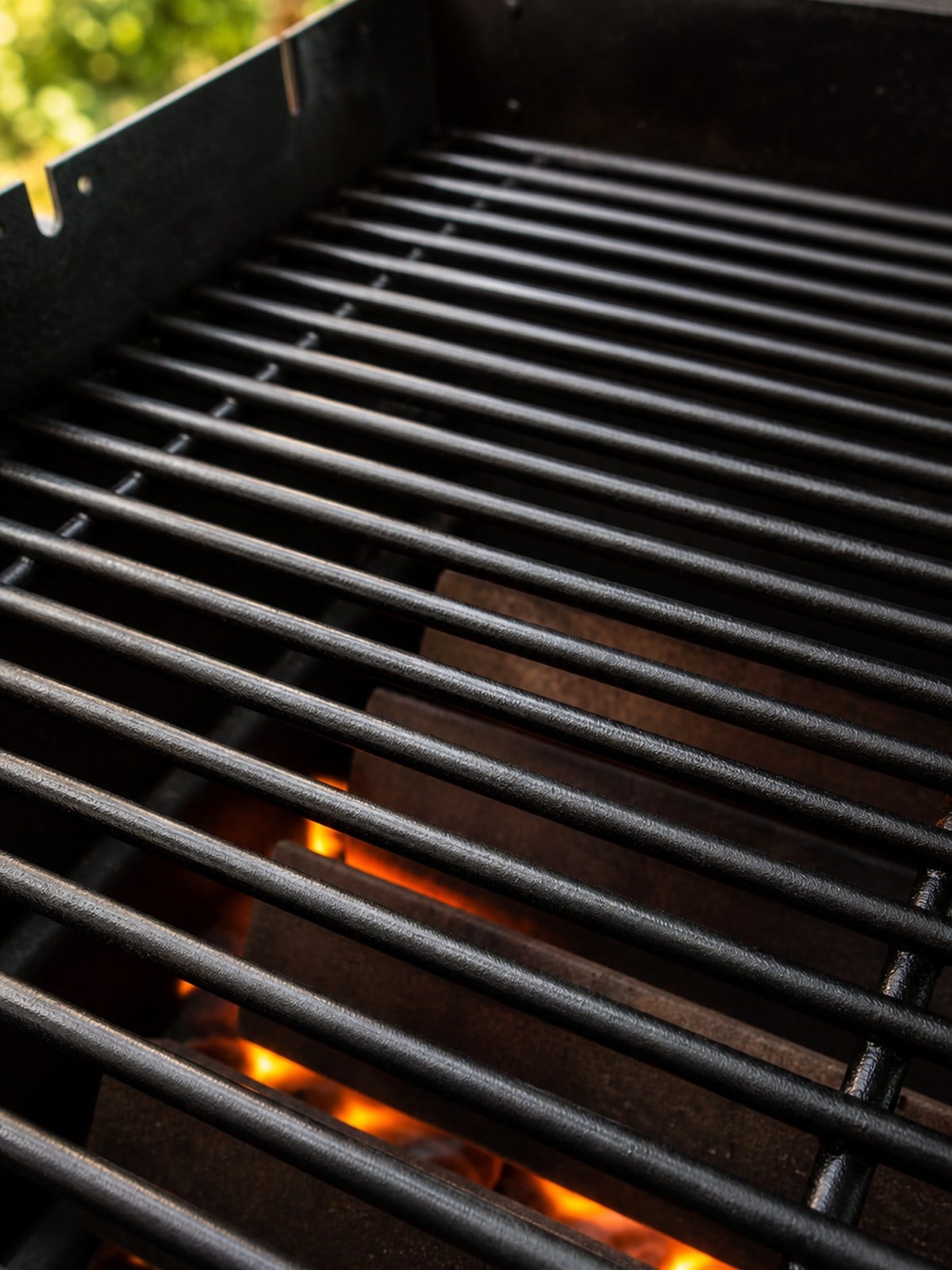 Outdoor grill preheated to medium-high heat with clean black grill grates ready for shrimp skewers.