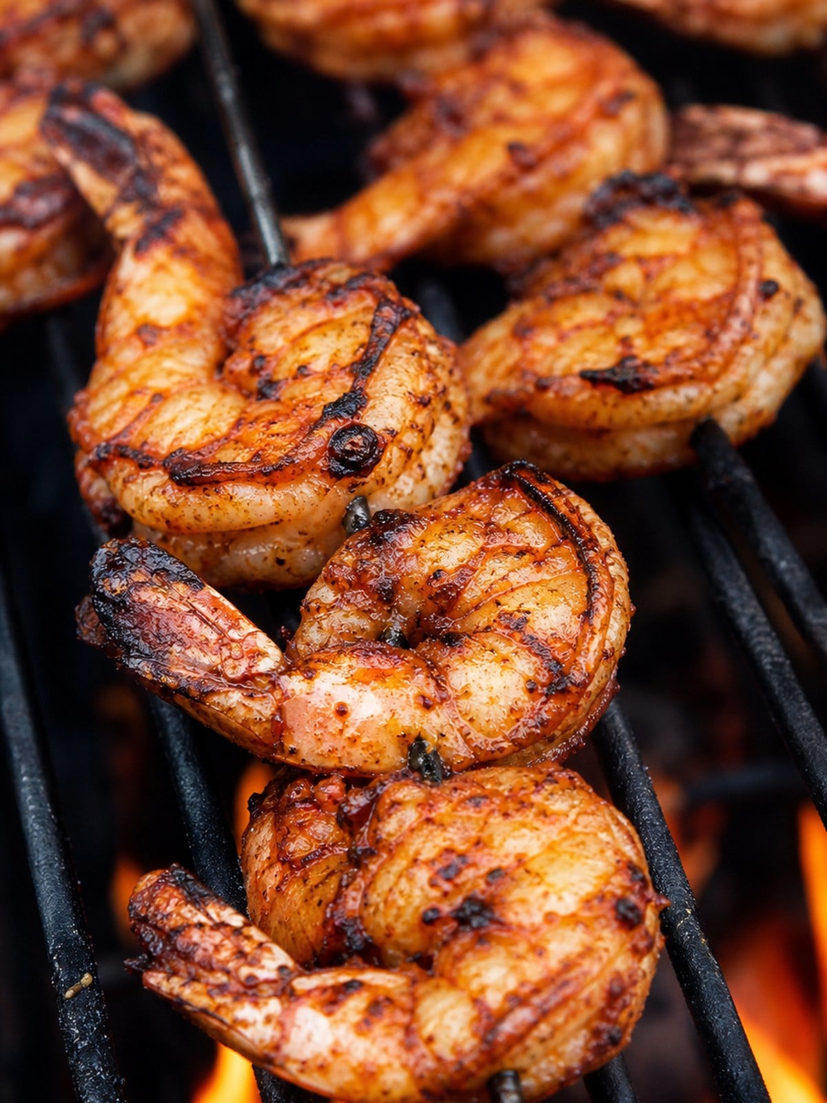BBQ shrimp skewers grilling over medium-high heat until opaque pink and lightly charred.