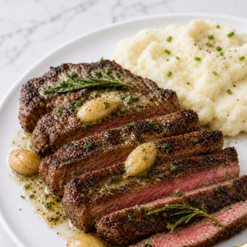 Sliced cast iron steak with garlic herb butter, rosemary, and smashed garlic on a white plate.
