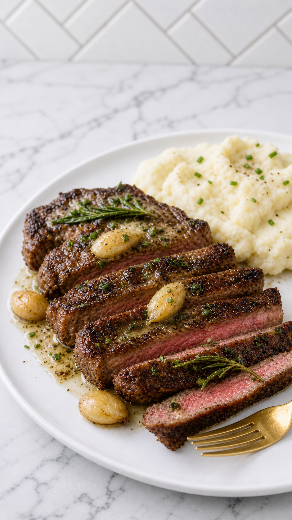 Sliced cast iron steak with garlic herb butter, rosemary, and smashed garlic on a white plate.