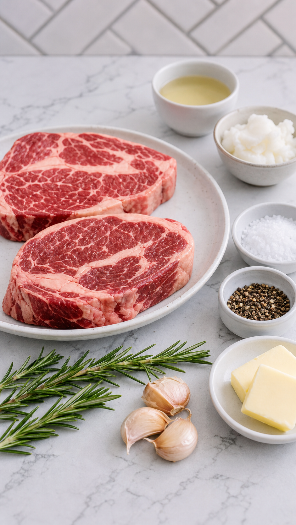 Ingredients for cast iron steaks including ribeye steaks, butter, rosemary, garlic, salt, pepper, and oil.