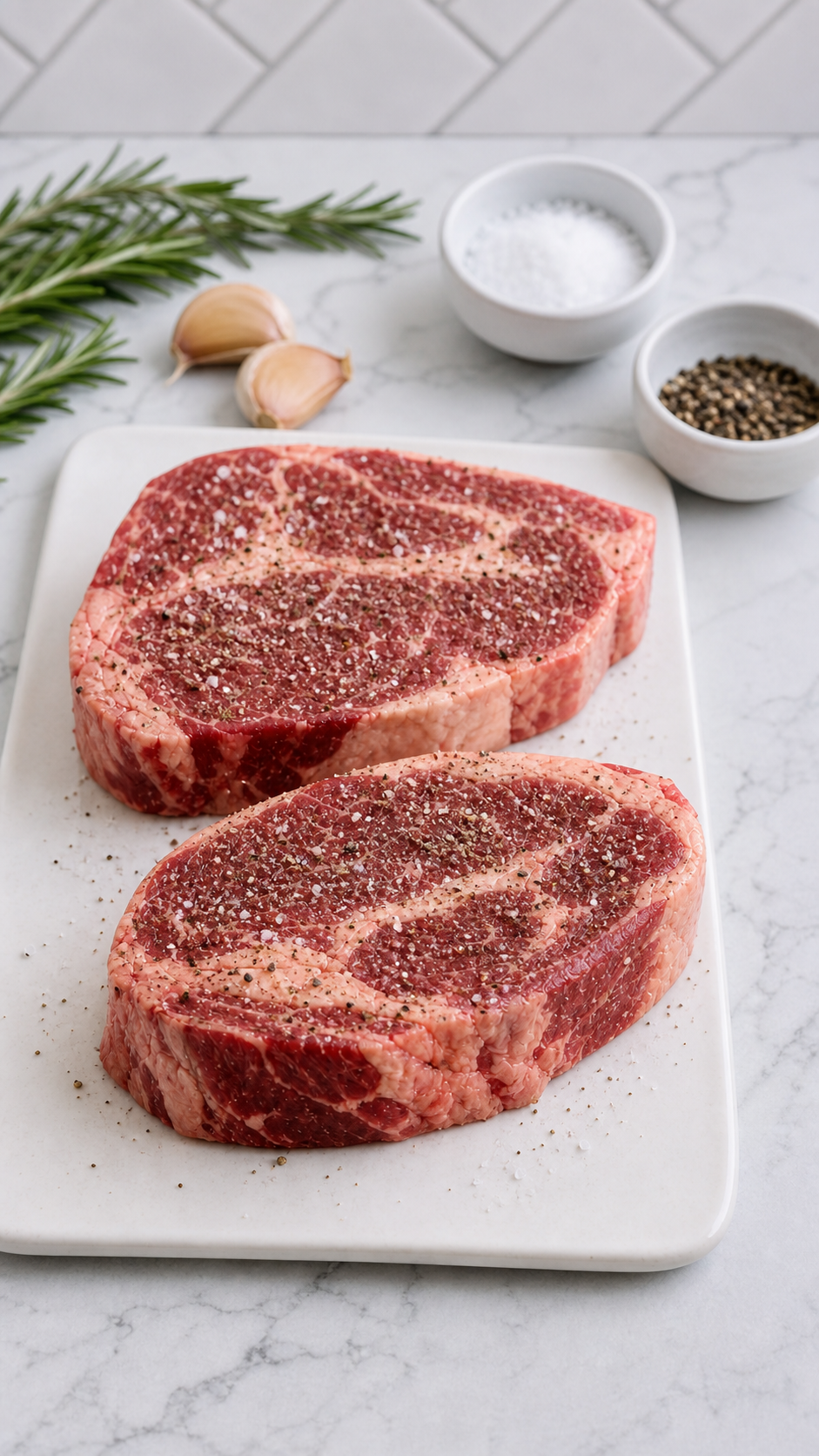Two thick ribeye steaks seasoned with kosher salt and black pepper before cooking.