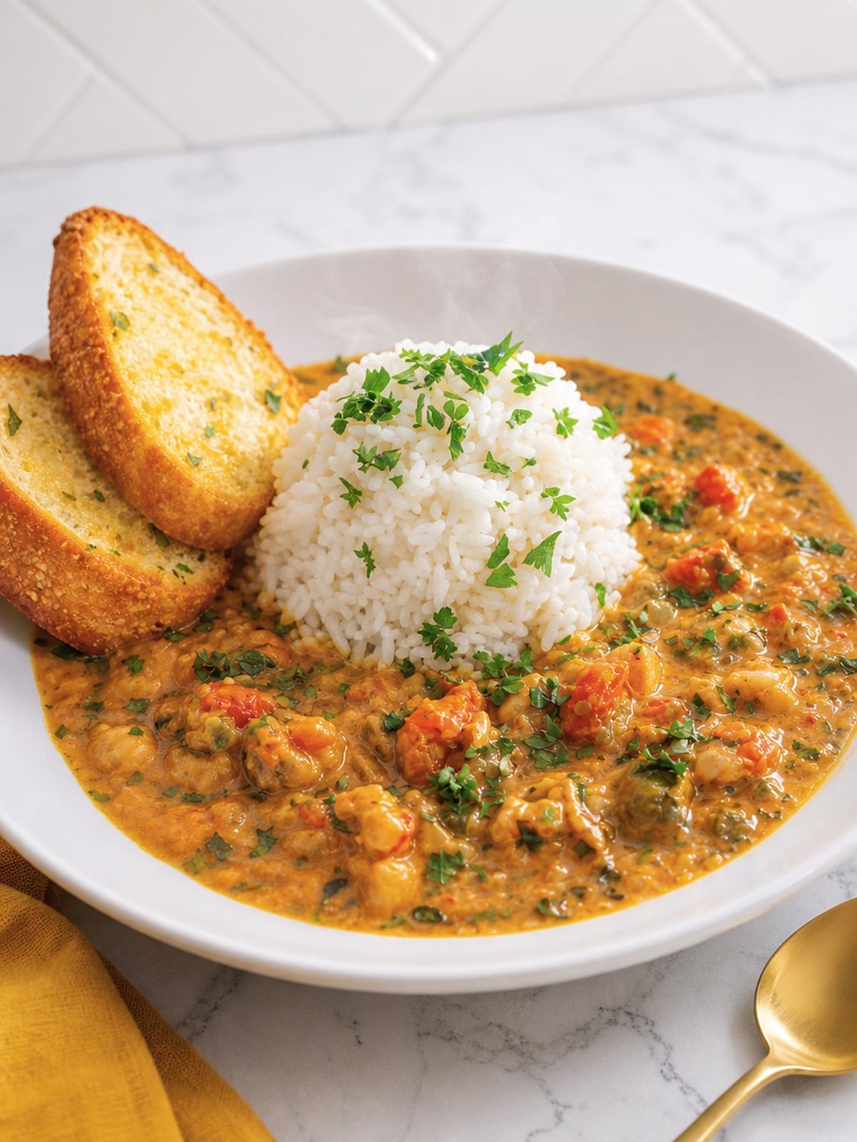 Finished creamy crawfish etouffee over white rice with garlic bread.