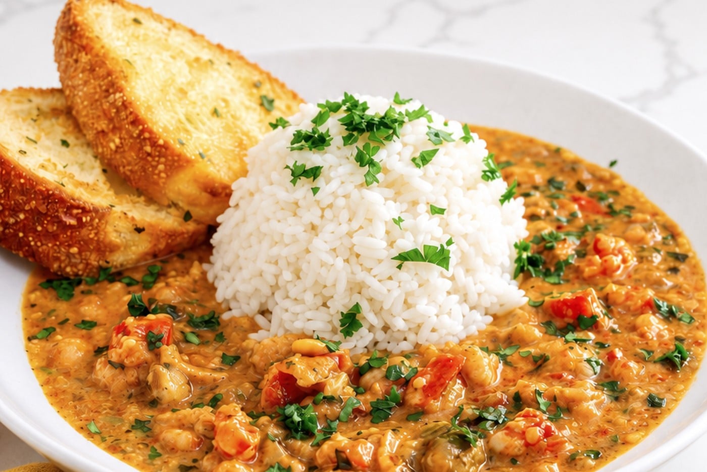 Creamy crawfish etouffee served over white rice with garlic bread.