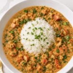Overhead bowl of creamy crawfish etouffee with white rice and parsley.