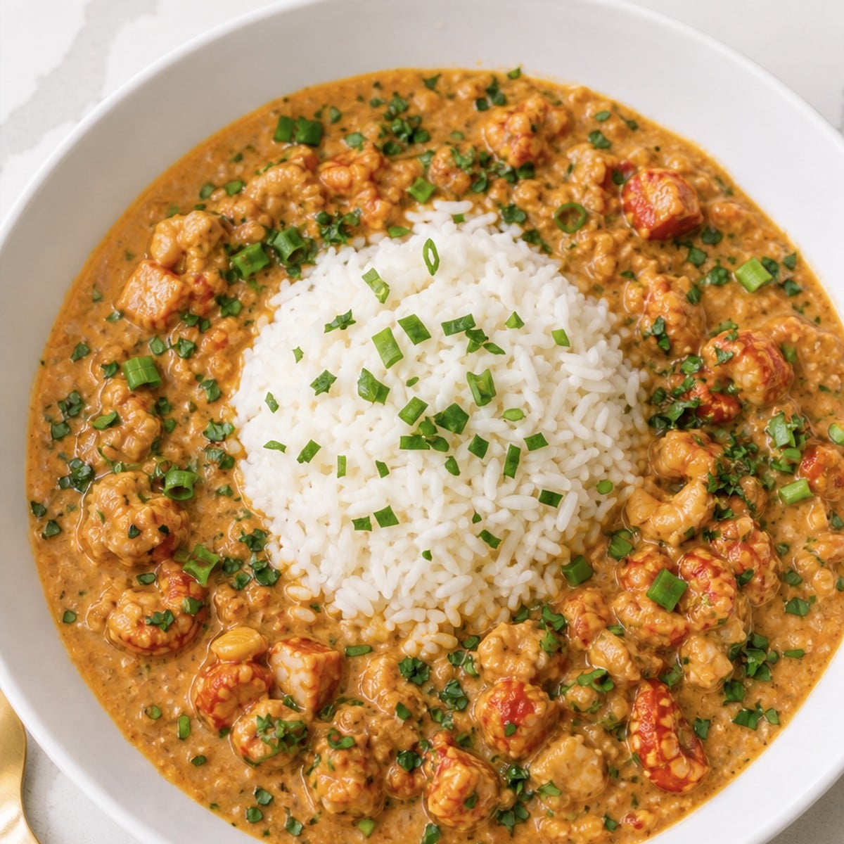 Overhead bowl of creamy crawfish etouffee with white rice and parsley.