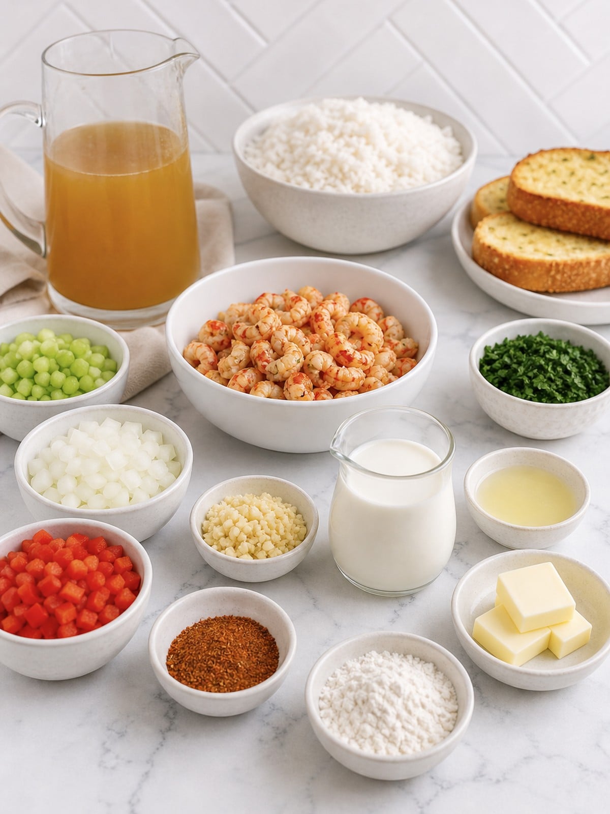 Ingredients for creamy crawfish etouffee arranged on a white quartz counter.