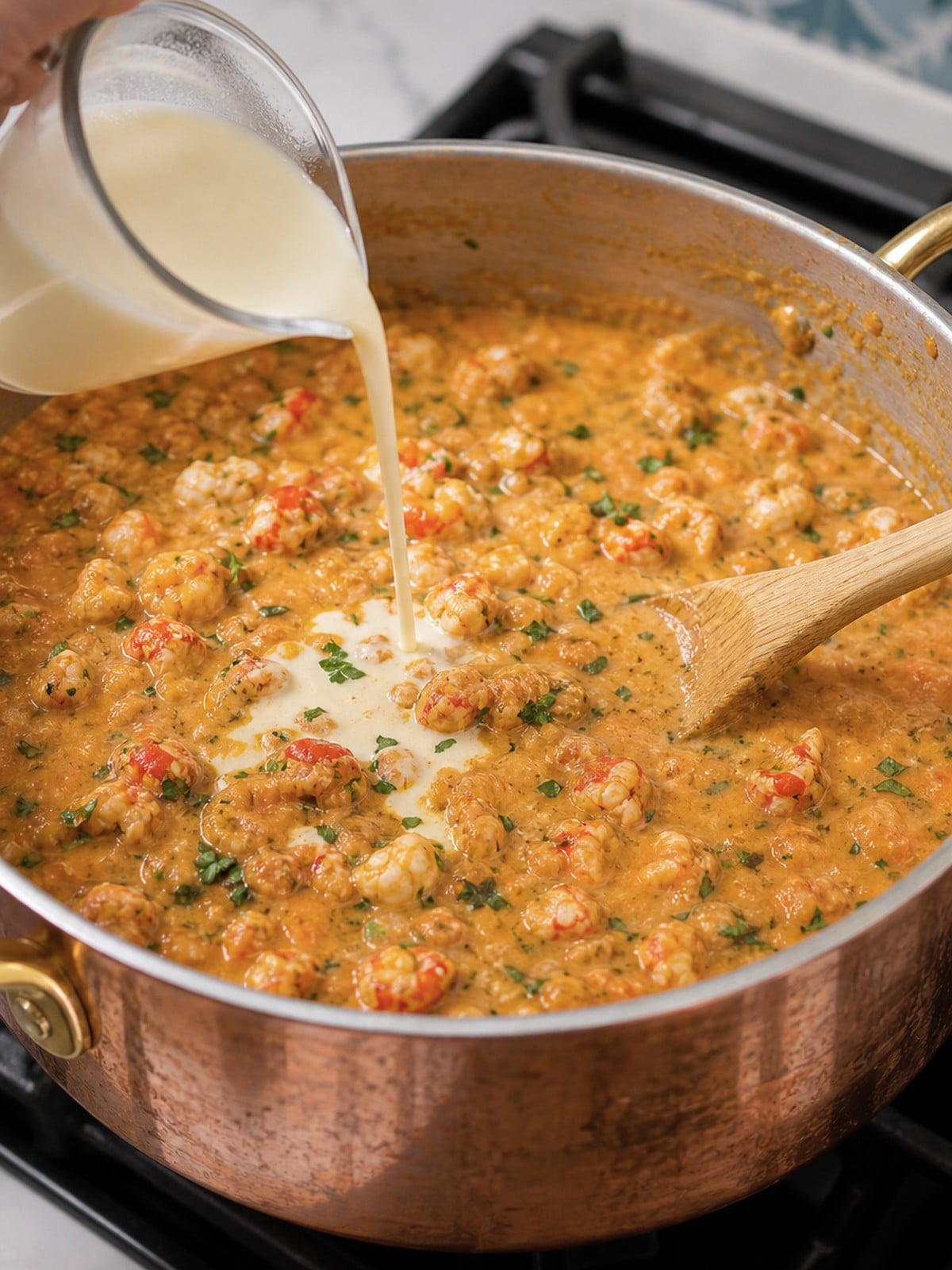 Cream being added to crawfish etouffee sauce in a copper saucepan.