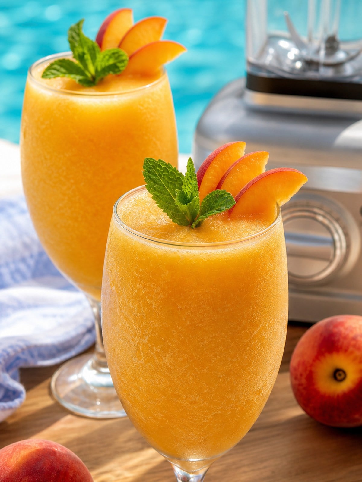 Finished frozen peach bellinis garnished with peach slices and mint by the pool.