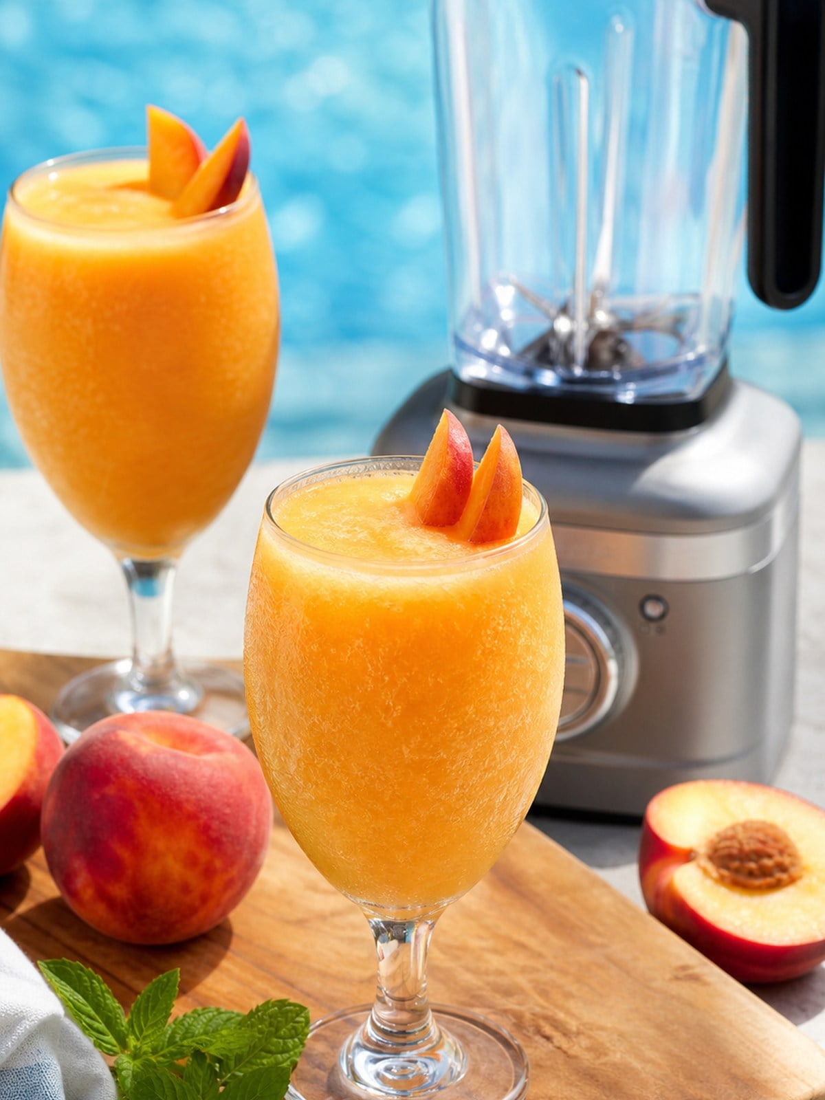 Poolside frozen peach bellinis with fresh peaches and a silver KitchenAid K400-style blender.