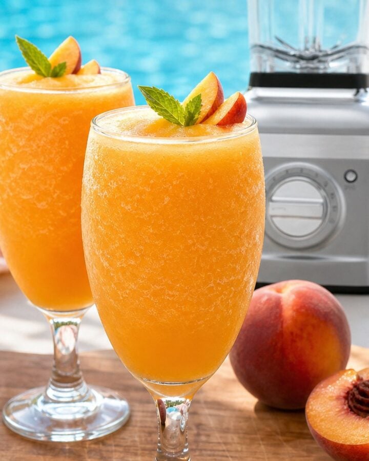 Frozen peach Bellini cocktail with fresh peach garnish by the pool.