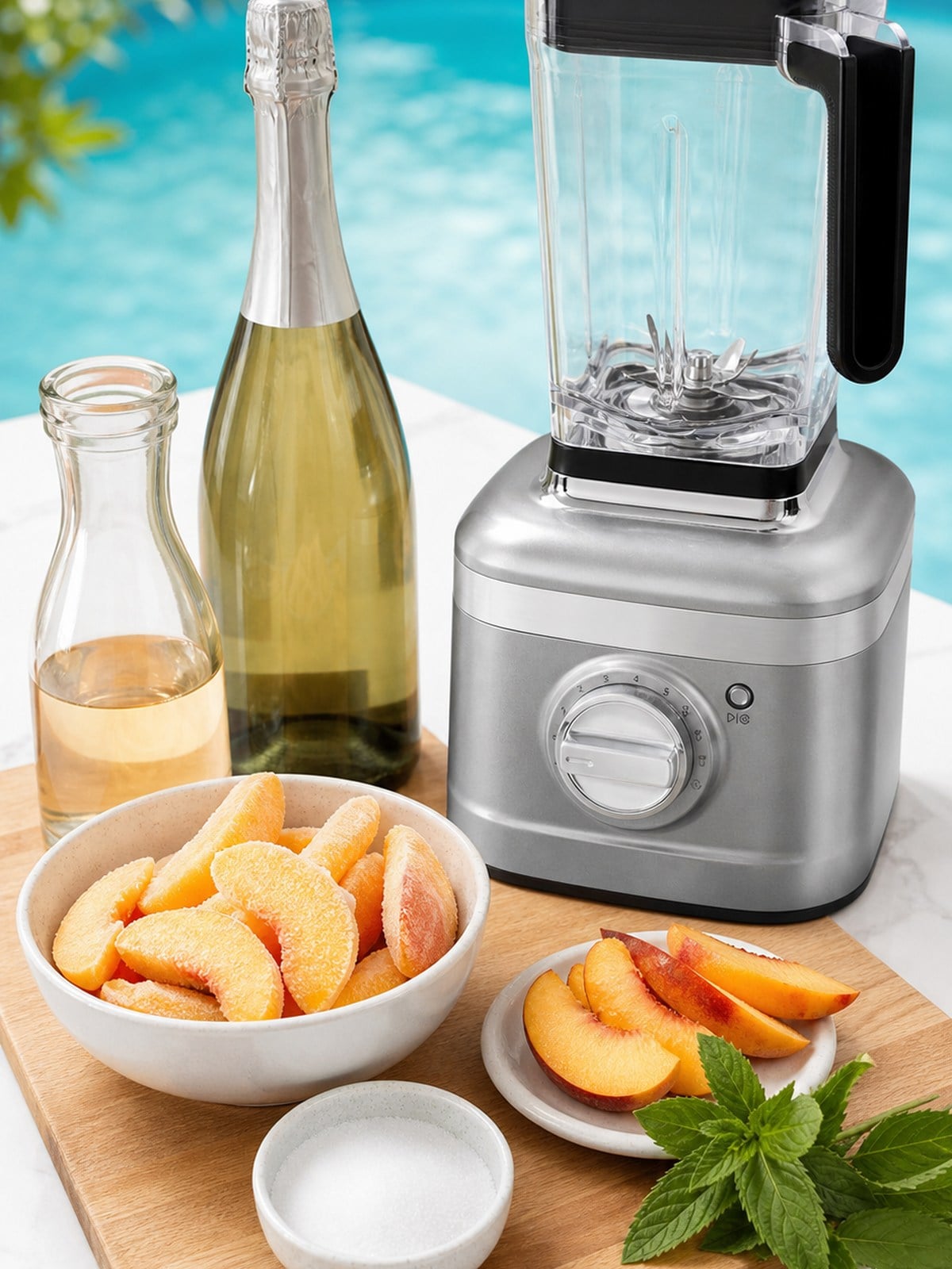 Frozen peaches, peach schnapps, sugar, sparkling wine, fresh peach slices, mint, and a silver KitchenAid K400-style blender.