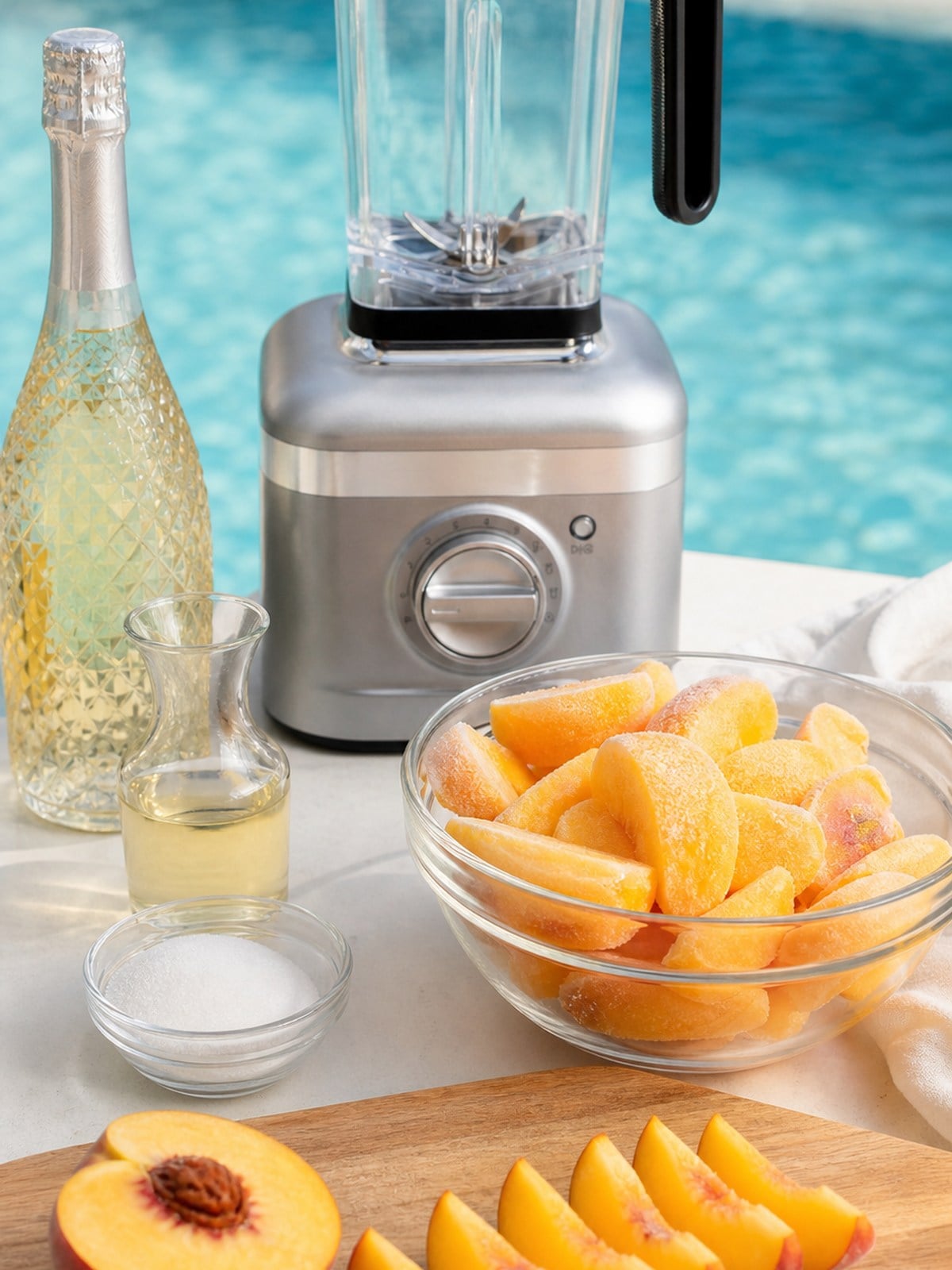 Measured frozen peaches, sugar, peach schnapps, Prosecco, sliced peach garnish, and a silver KitchenAid K400-style blender.