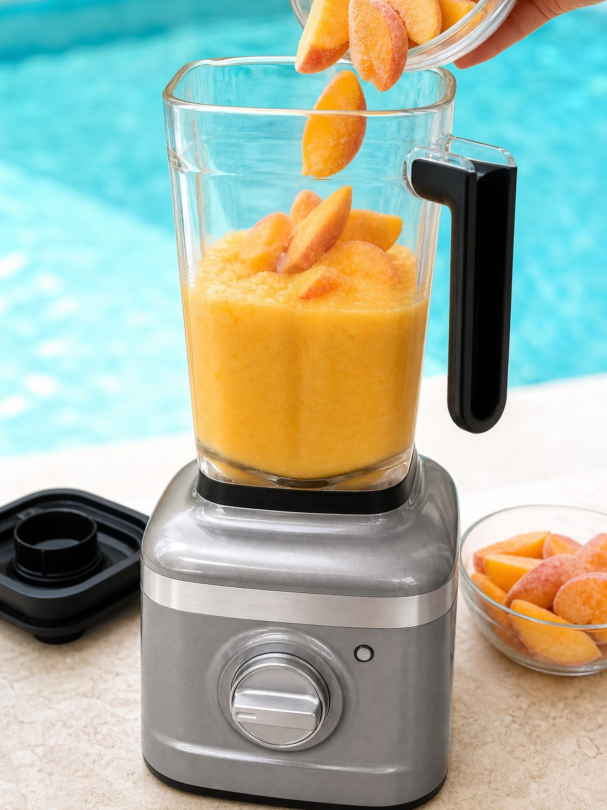 Remaining frozen peach slices being added to the peach mixture in a silver KitchenAid K400-style blender.